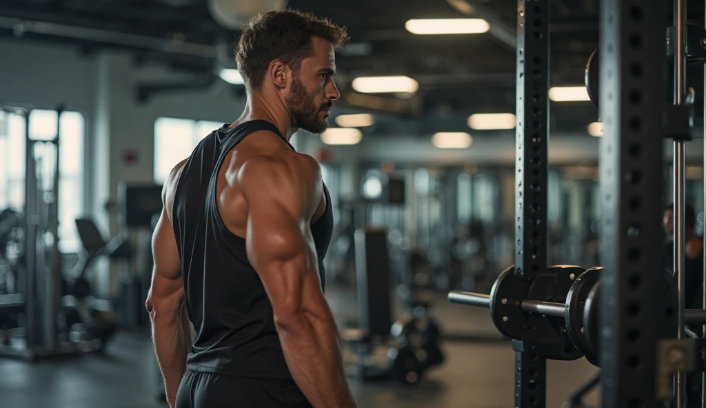 Can you help me create an image of a 35 year old young man training in a gym with a high performance coach so that the images of the 2 are in the background?