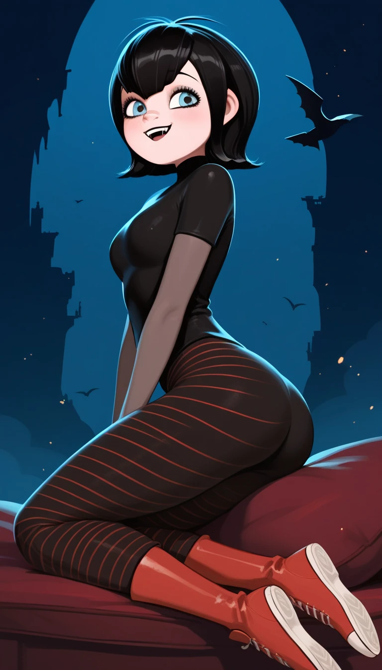 score_9_up,score_8_up,score_6,score_5,score_4,1girl,solo,amazing composition,incredible lighting,smiling,detailed background,<lora:Smooth Anime 2 Style SDXL_LoRA_Pony Diffusion V6 XL:1>,shiny skin,outdoors,city in hell,source_anime,mavis,black lipstick,hotel transylvania,cameltoe,covered nipples,