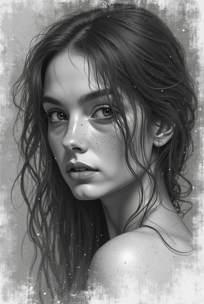 A delicate, 3D water color paint shows a full body naked beautiful Persian woman, her features rendered in subtle shading and precise lines. The framing is focusing attention on the subject's sweet face, very big eyes, very high nose, thick and long eyebrow, thin and wide lips, sexy look. Soft, feathery strokes convey the gentle texture of her very short hair,  small and firm breasts, bare foot, large pussy,