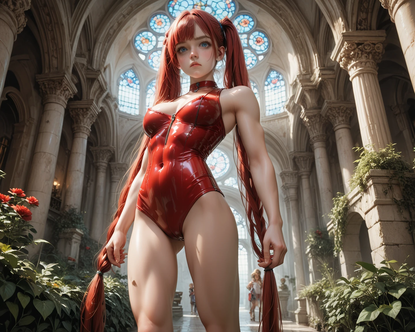 (whole body:1.5),octane rendering, 8K, best quality, masterpiece, illustration, extremely delicate and beautiful, detailed,extremely detailed,CG,Unite,wallpaper,Astonishing, fine details, realistic art: 1.2 ,masterpiece, best quality, official art, extremely detailed CG Unite 8K wallpaper,1 girl, 16 years old, standing, in a grey medieval hallway, vaulted roof,,wearing red latex costume, at night, skinny body, surprised facial expression,, wide open eyes, pale pink eyes, white hair, ponytail, pretty symetrical face, shiny wet skin, oiled skin, white skin, lots of freckles, pale complexion, thin waist, narrow hips, long legs, skinny body, small breasts, , Realistic photos, (hiqcgbody) ,perfect female figure,