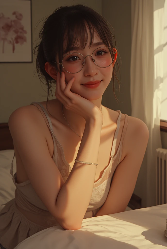 ((Best quality, 8k, Masterpiece: 1.3)), (raw photo:1.2), Sharp focus: 1.2, A beautiful woman with perfect body: 1.4, Highly detailed face and skin texture, Detailed eyes, Double eyelid, 1girl, japanese idol,smiling, cowboy shot, Pretty, (with narrow glasses),lying on bed,wearing a pink pajama,