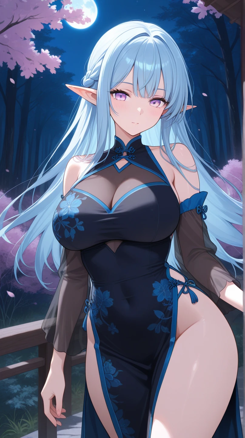 Anime, woman, long hair, pale blue hair, pink eyes, gently, earrings, big boob, wearing a nightgown, beautiful, elegant, pure, fantasy, ice, snowflake, snow land, cool, noble, elf, crystal, stay in thorn room,