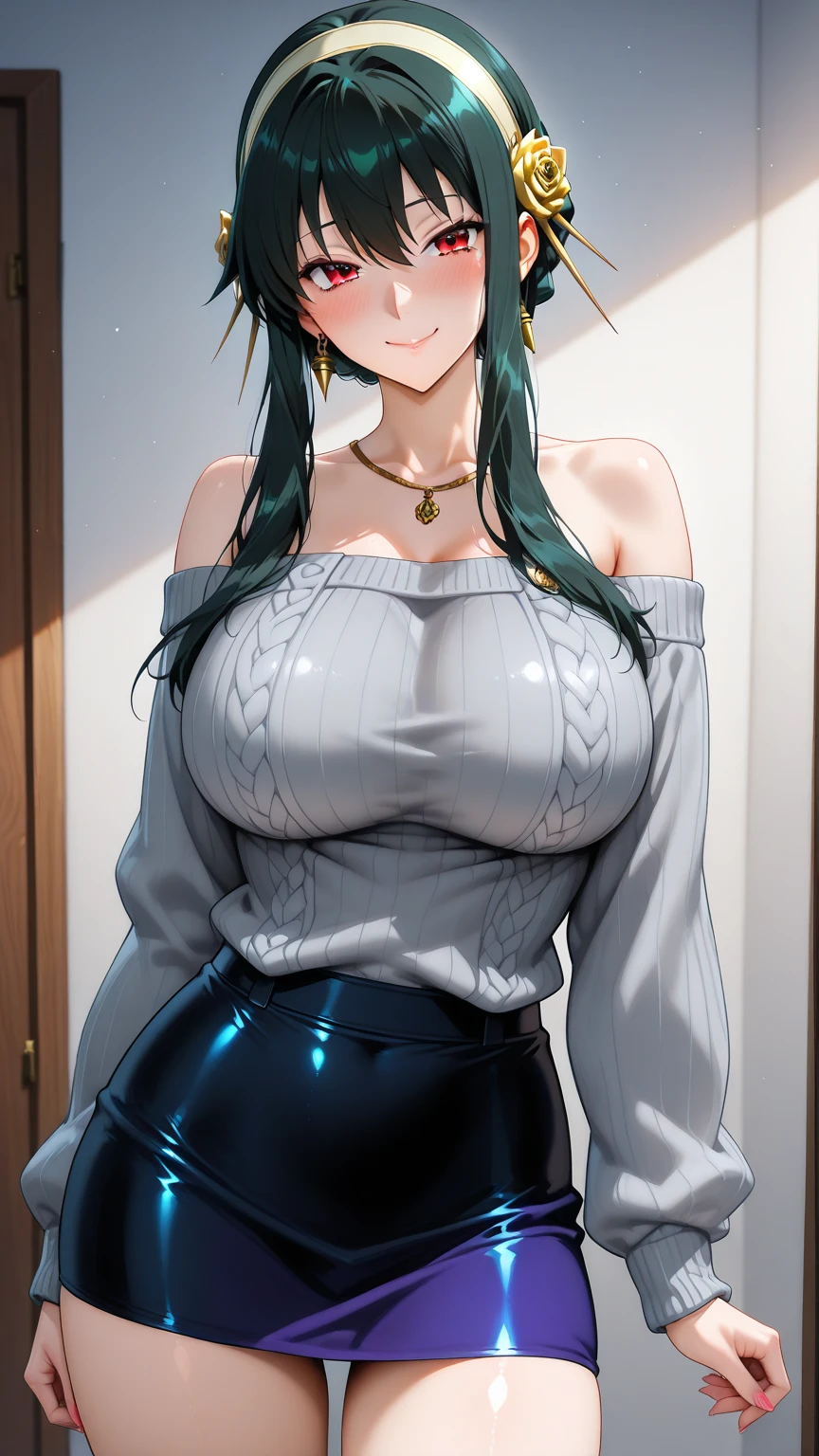 (High quality, High resolution, Fine details), Realistic, cozy setting, women with elegant style, (beautiful detailed off-shoulder sweater:1.2), solo, curvy women, green hair, long hair, blue eyes, sparkling eyes, (Detailed eyes:1.2), smile, blush, Sweat, Oily skin, shallow depth of field, natural lighting, soft-focus, dreamlike atmosphere, soft and warm texture, bokeh effect,big tits,huge , cleavage