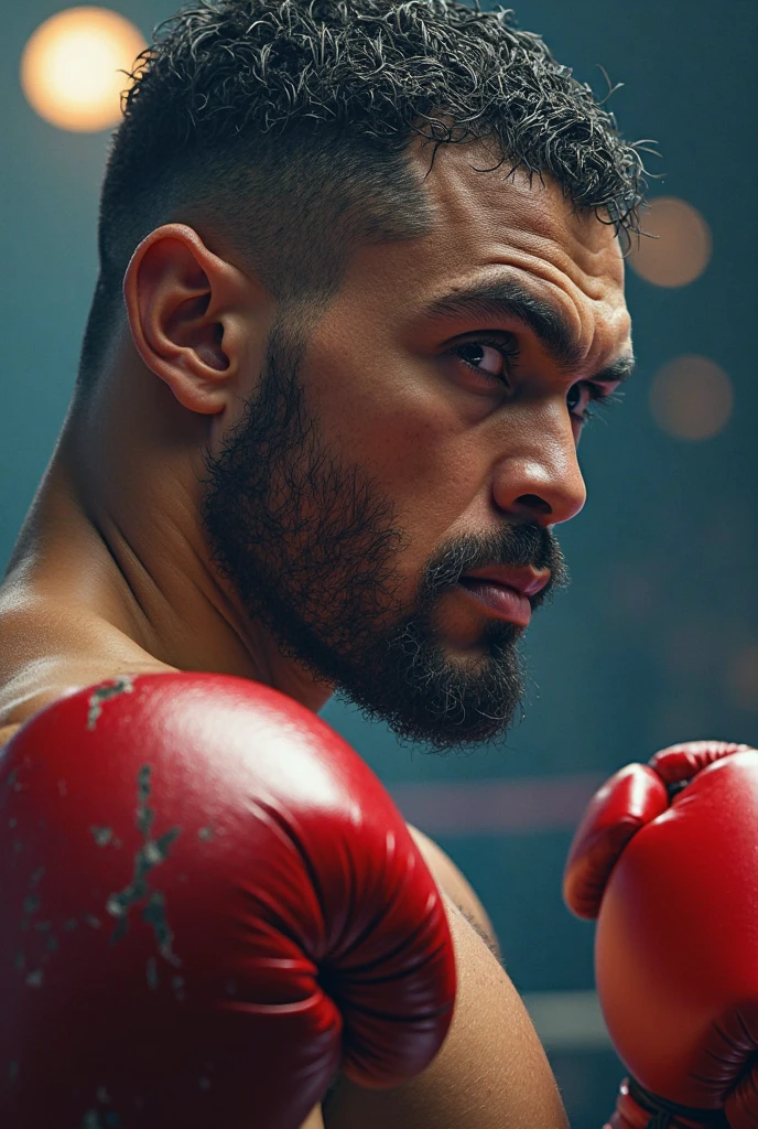 Muay Thai fighter, tall muscular, calvo, with beard, sinsejas, with a bad face