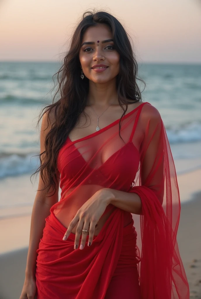 beautiful mature Indian college girl, in red satin dress outfit, outside on beach, ((atheletic, )), photorealistic, photo, masterpiece, realistic, high contrast, photorealistic digital art trending on Artstation 8k HD high definition detailed realistic, detailed, high resolution, detailed, raw photo, sharp re, nikon d850 f1.6 lens rich colors hyper realistic lifelike texture dramatic lighting