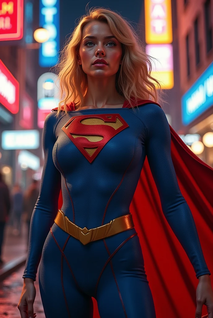RAW photo of 50 years old Doutzen Kroes Wearing a high-quality Supergirl suit, on the city street, masterpiece, best quality, (photorealistic:1.4), full body, cinematic light, beautiful woman, medium breasts, platinum hair, (bob haircut:1.2), wrinkles on the face,