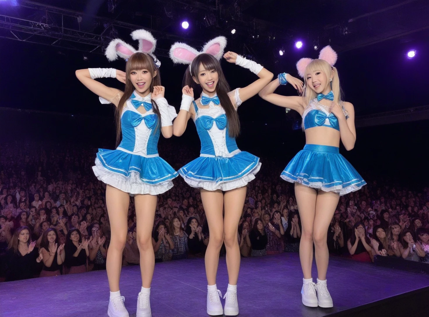 Pay attention to navigation, ((masterpiece)), ((highest quality)), (highly detailedな), ((Cute)), Cute, (Multipoint), ((Sexy)), (device), ((very detailed)), 4k, (8k), highest quality, (Beautiful), hyper Cute face, shape, Animated style,hyper Authenticistic, Authentic, Dynamic angle, ((full body)) , close up, thick outline, light outlines, on stage, (three girls, 3 Mignon girls:1.5), (Idol costumes:1.5), Beautiful light brown hair, Beautiful brown eyes, ((Beau eyes)), Short hair, Big breasts, smile