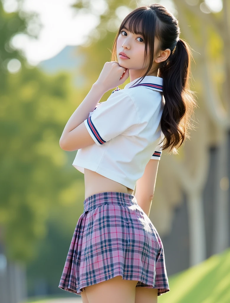 (((masterpiece))), (((Full body photo))), (One beautiful Japan girl, Innocence,kawaii) ,超A high resolution, Realistic, ultra-detailliert, 8K,top-quality, Extremely detailed, Detailed background,A slender,very beautiful japanese girl, Detailed face:1.3), (fluffy berry short hair,Cute Hair Ornament,A dark-haired :1.4), (a baby face,kawaii系,adorable 14 year old girl), (Perfect body:1.1), (White shirt,Red Check Ribbon,Red plaid mini skirt、Dark blue high socks、lowfers), On the lawn of the park,ask for a smile,Please show me your beautiful teeth,((Focus on the crotch,Lift up your skirt、Panties are visible)),Looking back、sexy pose,rosy cheeks,Super Detailed Face、Detailed lips、A detailed eye、small gravure idol,Transparent skin、ta,japanese hight school uniform,Shade,Under a big tree,Photorealistic:1.37,no-makeup,Neutral Lighting,((posterior view))、Looking up from the ground