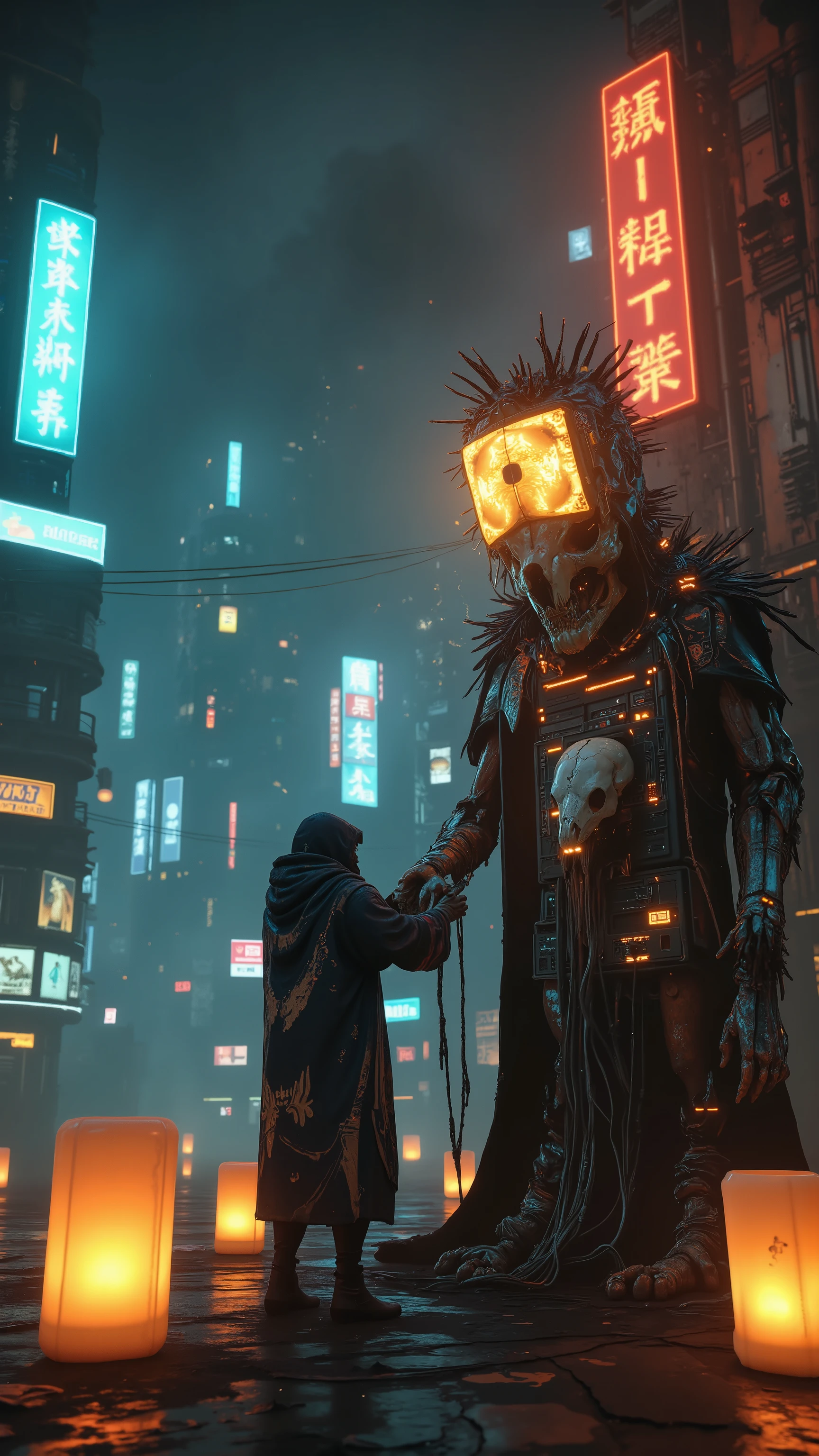 Cyber-shaman in floppy disk cloak performing ritual with pigeon skull (quantum chip inside), cracked server-totem glowing with data streams, warm lanterns light vs cold neon signs, Moebius impossible architecture background, by Stålenhag and Rebisz, 8K textures, photorealistic dirt and glitches, volumetric fog over neon signs