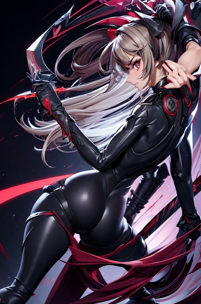 masterpiece, best quality, a woman laying on a nikkerose, halo, circlet, hair ornament, red eyes, short dress, belt, bodystocking, gauntlets, very long hair <lora:rose-nikke-richy-v1:1>