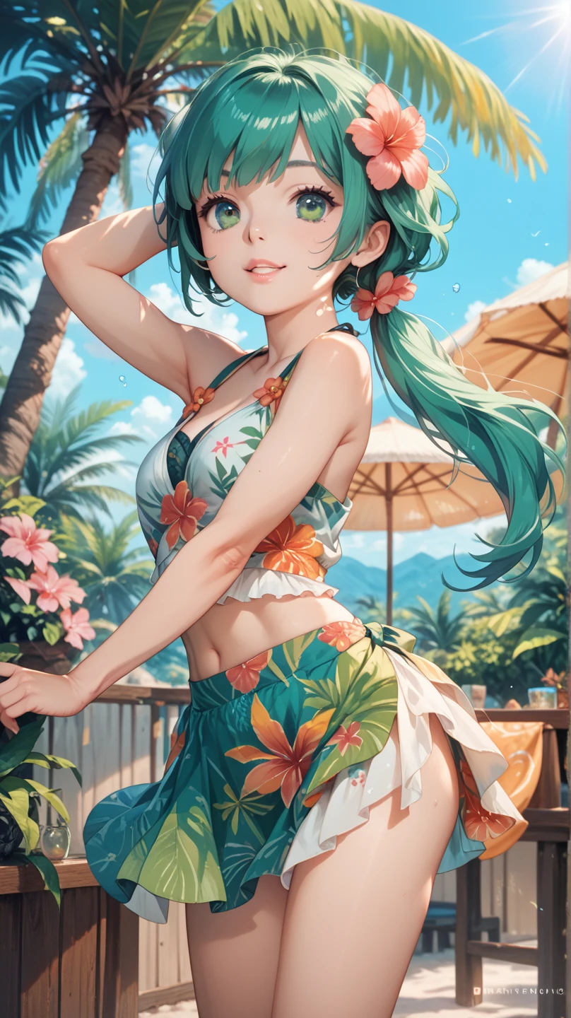 nsfw,(Shooting from a low angle below:1.6),{erotic face,looking away,enchanting smile}, {1 elf_girl,(small breasts:1.2),slender body,thin thighs,(light green colored hair,medium hair,braid hair intricately)},BREAK BREAK,{(partially visible vulva:1.5),(pussy line),(skindantation:1.2),(topless:1.4,(Horizontal striped pattern bikini),  (very tiny micro bikini:1.2)},BREAK,{(open legs a little:1),(seductive pose:1),(hand on waist)},BREAK,{(Set of tropical coasts),(tropical flowers:1.2),(cast a shadow on the background:1.4)},BREAK,{(water splash:1),bright midsummer sunshine,(Gravure photography:1.4)},{(masterpiece,best quality)}