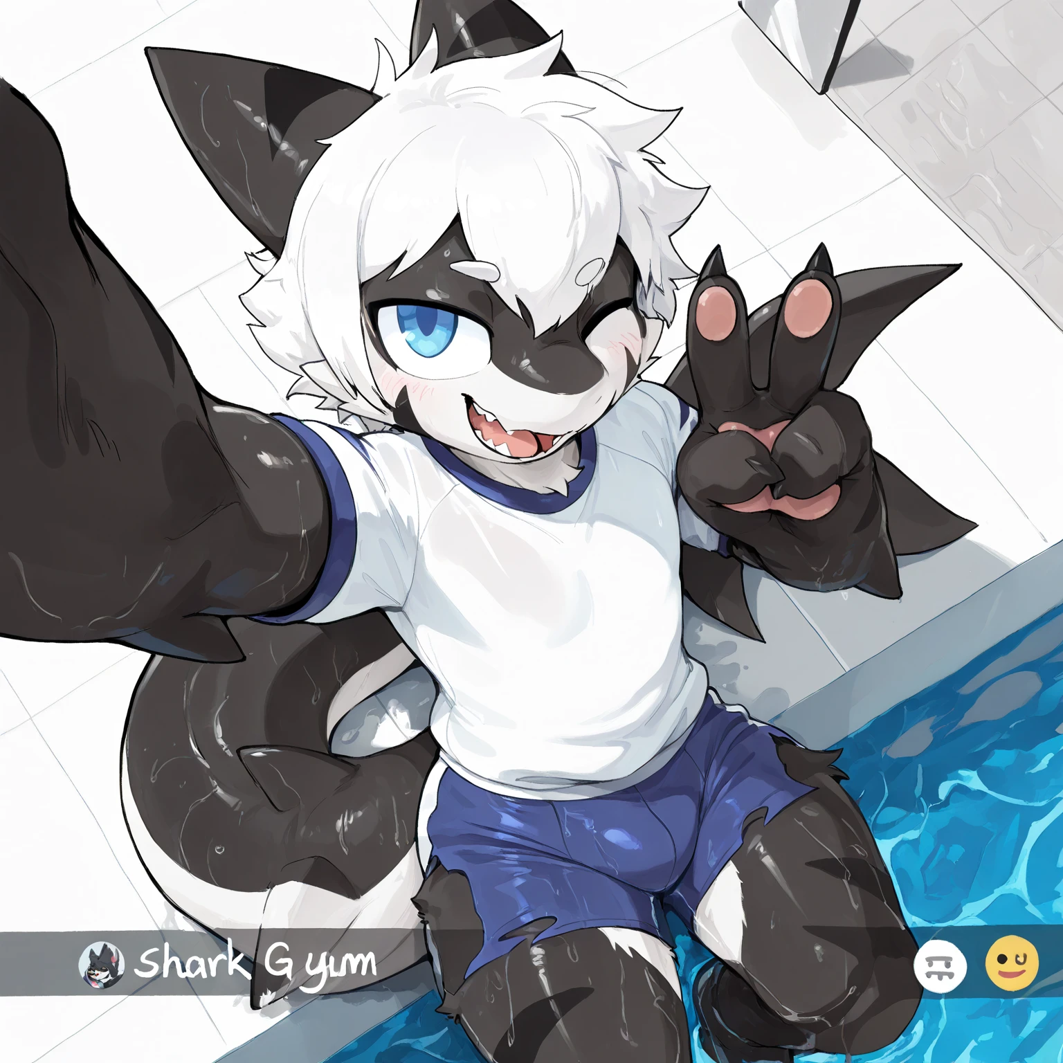 4K，8k，high resolution，masterpiece, best quality，blue eyes, hairy, alone, Wearing plain black shorts，human nature ，Sweat，wet fur，((boys，Shota))in laboratory，Long tail and cat ears combined into one，melt，Lifting cat&#39;s paw