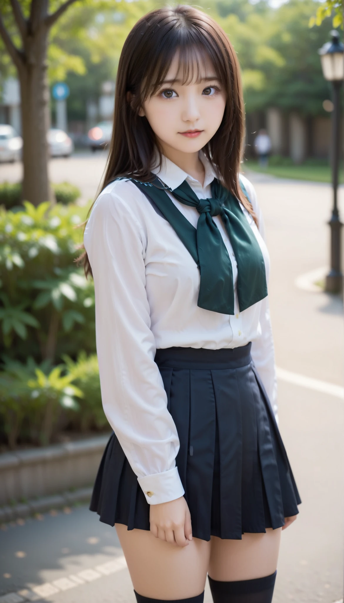 score_9, score_8_up, score_7_up, score_6_up, Source_ 1girl, solo,   PMMly, brown hair，brown eyes, brown hairウェーブロングヘア，white shirt, sailor suit，neckerchief, Gingham Check Skirt, Pleated Skirt, black knee high socks，Brown Loafers，Brown school-designated bag，is watching you, Big breasts, Green Park，Before spraying，blue sky，