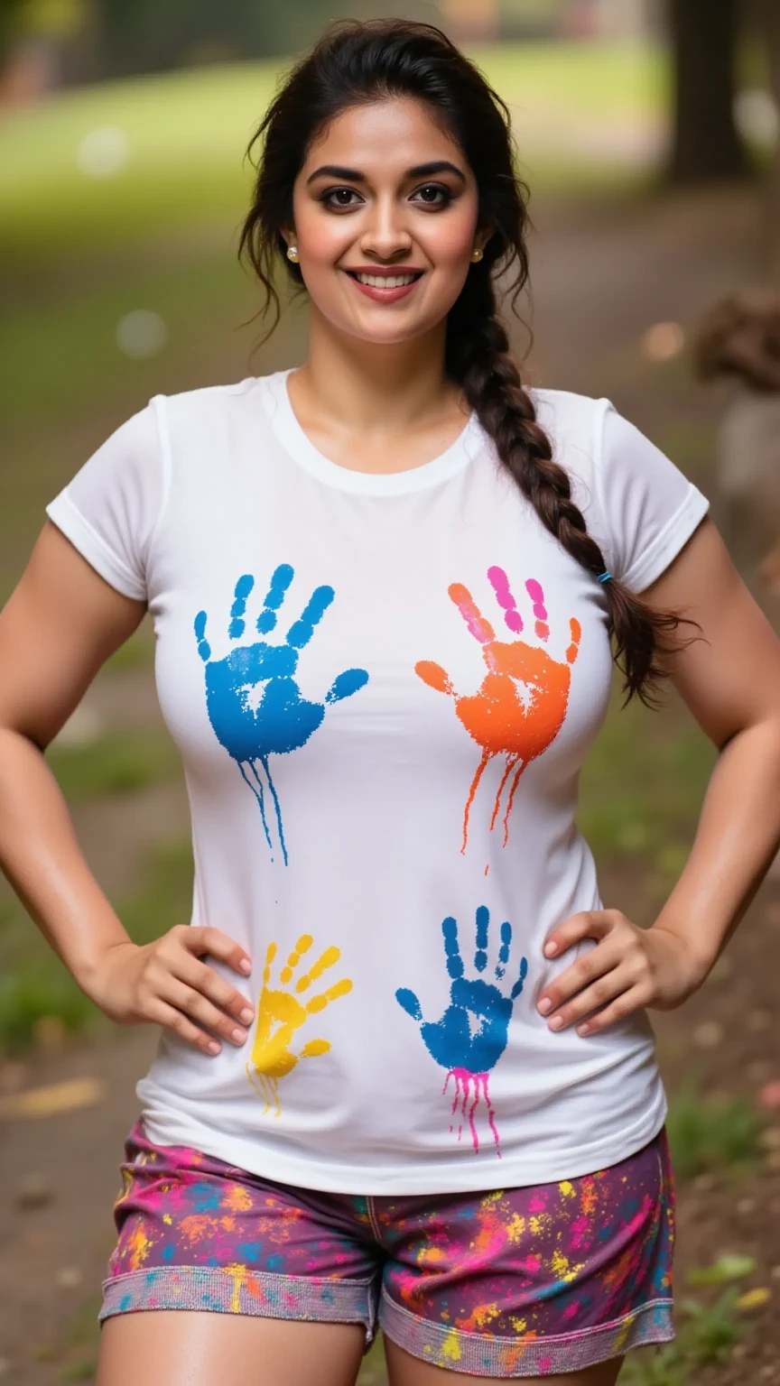 Woman rubbing her breasts, woman wearing a printed T-shirt, --auto