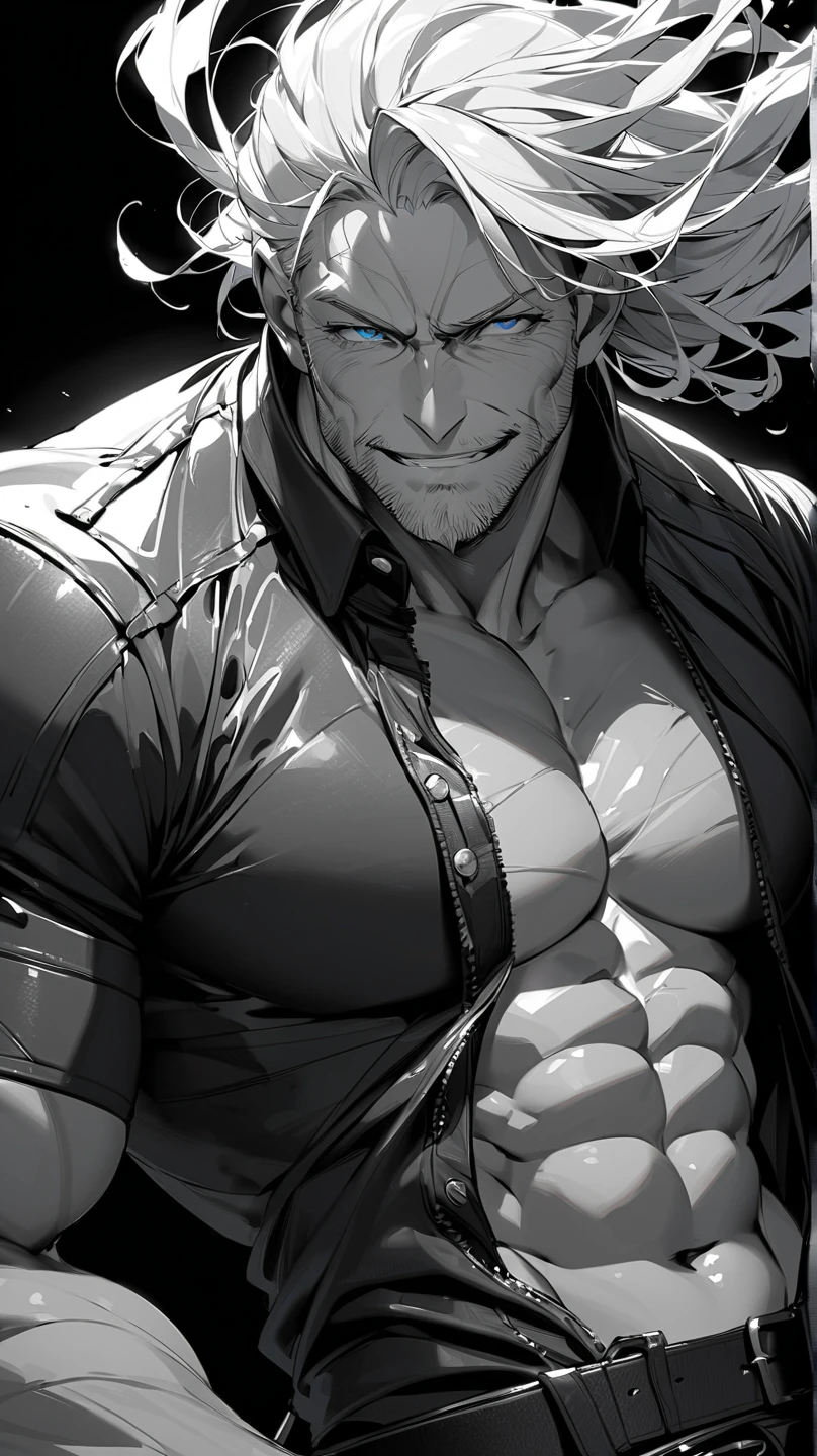 absurdres, highres, 1male, doujin, (doujin cover:1.2), bara, yaoi, stubble,clothes down, hair slicked back, mature male, breath, beefy,thick eyeblows, (thick stomach:0.9), male focus, doujin manga, NSFW, low angle, (dick focus:1.2), detailed body,Ultra-detailed eyes,Ultra-detailed face,short hair