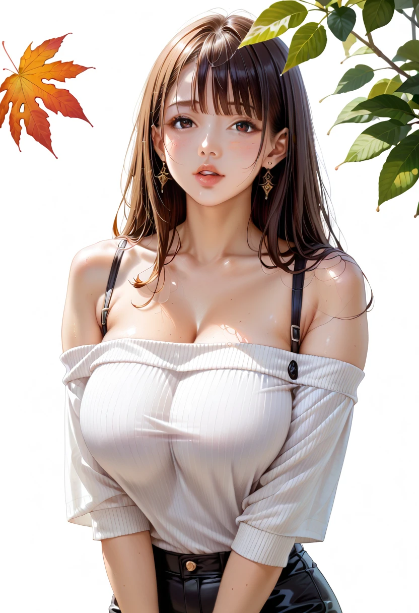 woman, cute, sexy, perfect body, large breasts, nude, nipples, pubic hair, maple leafs, abstract, earth colors, soft tones, isometric, seamless