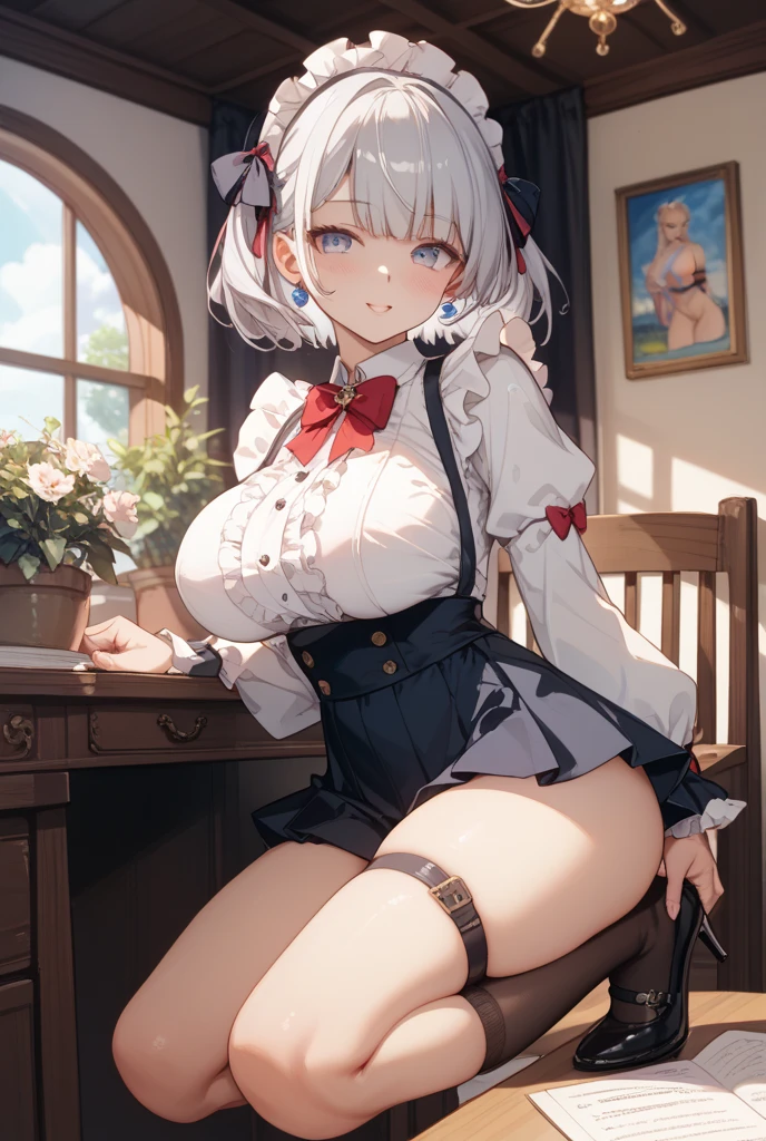 masterpiece,best quality,highres,ultra-detailed,siesta,white hair,short hair,bangs,x hair ornament,hairclip,red bow,,black shirt,miniskirt,indoors,cowboy shot,smile,desk,chair,sitting,belly button、bra、Panties、Thighs