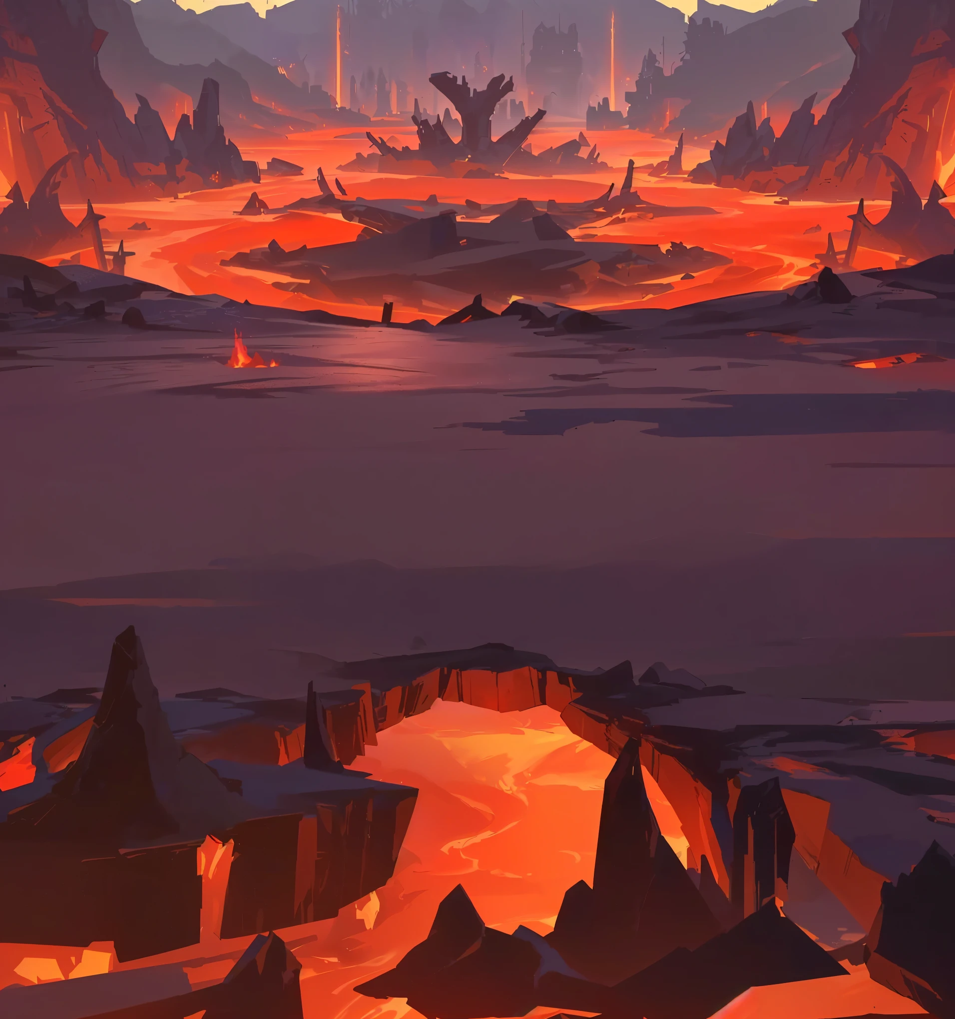 illustration of a desert landscape with a river and mountains, hell background, world of warcraft concept art, doom eternal concept art, volcanic workshop background, world of warcraft art style, riot games concept art, studying a hell open rift portal, background art, painted as a game concept art, wrath flame and ruin, hellfire background, firey environment, dota 2 concept art