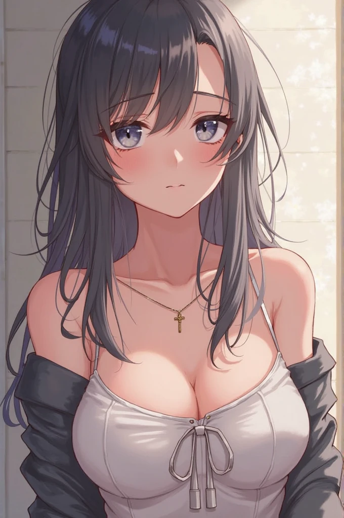 ultra_detailed, highres, absurdres, masterpieces, (leaning forward), 1girl, looking at viewer, long hair, black hair, (tareme), large breasts, cleavage, downblouse, loose t-shirt, off shoulder, smile, blush, outdoors