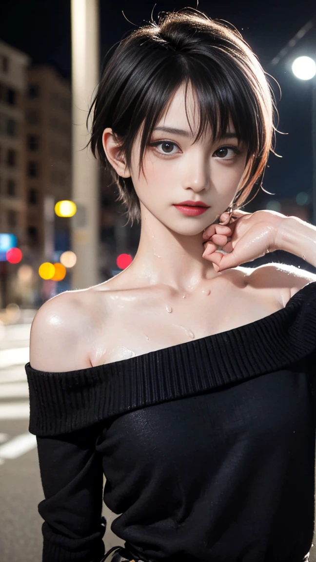 Delicate and dainty young woman with shiny bob-cut black hair and cat ears. She is wearing an off-the-shoulder red only  mini-skirt dress. The background is a fantastic and ethereal night sky that seems to be haunted by a specter. Her expression is stern and atmospheric. Angle from directly below