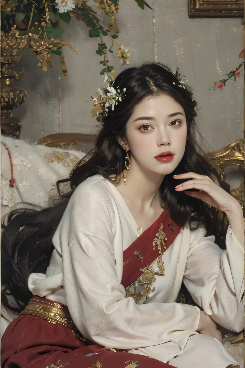 (((best quality))),(((ultra detailed))),(((masterpiece))),illustration,((1 beautiful girl,solo)),(shoulder length straight hair:1.2),((earrings,necklace)),((slim,thin)),((small breasts,flat chest)),(summer night:1.3),(gorgeous red sheer Hanfu:1.3),luxurious bedroom,traditional Chinese architecture,starry sky,serene face,elegant grace,intricate updo,delicate hairpins,almond-shaped eyes,innocence curiosity,intricate embroidery,rich cultural symbolism,vibrant hue,elegant wallpaper,intricate patterns,meticulously crafted wooden furniture,grand bed,sumptuous beddings,ethereal ambiance,night sky,stars twinkle,mesmerizing canvas,First Quarter Moon,gentle glow,illuminating landscape,alluring presence,opulent surroundings,celestial wonders,time stands still,ancient Chinese culture,celebrated details,((from front,upper body))