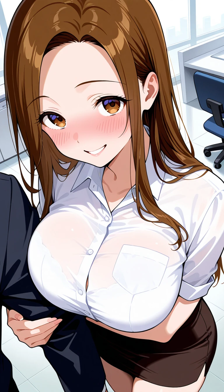 in the office,office girl is sitting on the chair, office girl is looking at upper right,( office suit,bra lift,mini skirt, open shirt , pulled bra, blush,surprised,nipples , handjob, cum on breasts),( ugly man is lifting girl's bra from behind),( ugly man is grabbing breasts from behind) ,slim,