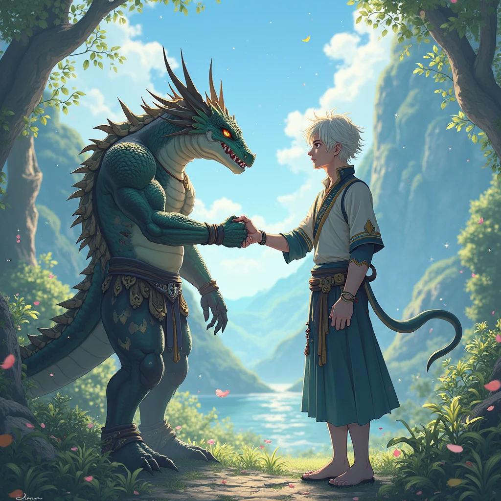 ((top quality, masterpiece)), comic art, concept art, watercolor, (((2 men)), beautiful blonde man, man in white robes, dragon knight, fantasy, forest, blooming flowers, sunlight, fantastic light and shadow, landscape, highly detailed face, portrait, smile, pose, particle, wind, flower, simple background, backlight and rim light