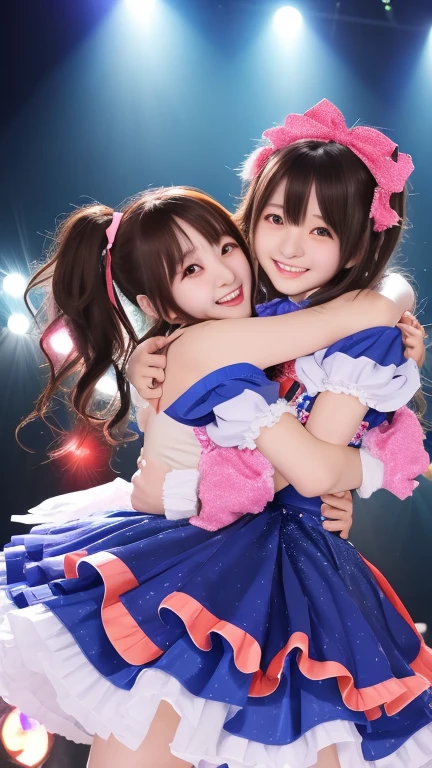 (2 anime idol girls), after concert, on stage,
one girl standing with tearful smile of joy,
another girl hugging  warmly,
emotional support, friendship embrace,
stage lights creating dramatic atmosphere,
cheering crowd in background,
colorful frilly idol costumes with ribbons,
masterpiece, best quality, ultra detailed,
anime style, full body shot, concert stage setting,
sparkles and stage effects, victory celebration