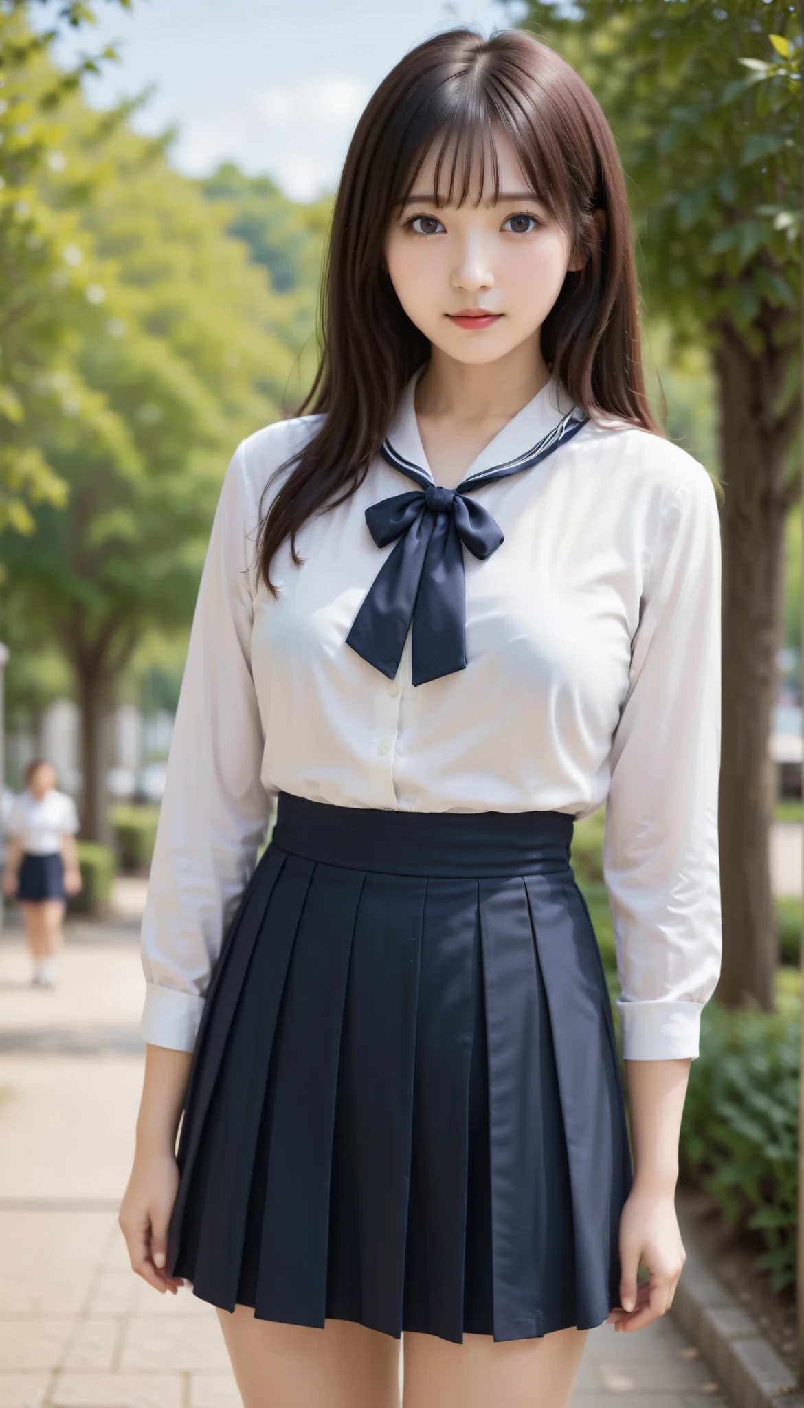 score_9, score_8_up, score_7_up, score_6_up, Source_ 1girl, solo, PMMly, dark haired, brown eyes, short hair, headband,white shirt, sailor color, neckerchief, Burberry Check Skirts, Pleated Skirt, black knee high socks,Brown Loafers,Brown school-designated bag,is watching you, Big breasts, Green Park,Before spraying,blue sky,