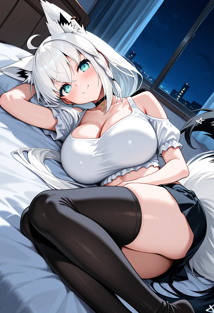 4K,High resolution,one woman,silver hair,short ponytail,wolf ears,wolf tail,blue eyes,big breasts,tits,Bedroom,open leg,show your shoulders,negligee,See-through,wet with sweat