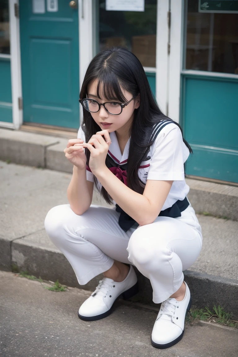 Girl masturbating、chestnut hair、wears glasses、sailor suits、squatting posture、straight-hair、Short hair、mesugaki、ビッチ、sucking on condoms, Underwear, Wet school uniform,Smeared with mucus