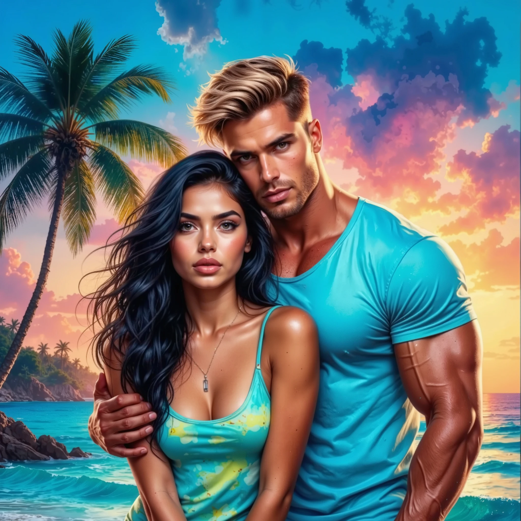 (((ultrahi-rez EXTREMELY DETAILED ULTRA-REALISTIC PROFESSIONAL FIRST PLAN photo: 1.6))) glossing vivid vibrant hue textured extradetailed volume первый план, idealbookcover. 18-year-old black-haired girl in a bright short dress,sitting close on the coast of the sea,handsome muscular man modernblondehair dangerous man in a T-shirt and shorts hugs his waist,touches the girl's chin,backdrop,turquoise. neon colornight .HighDetail.passionately.palm trees,beautiful.dynamically.book cover.Languidly.creatively.daring .modelfresh face.eyed.textural.glare.she looks at the camera,he is passionately on her. 