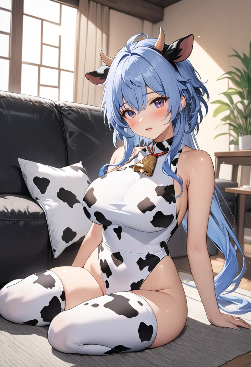 nsfw:1.5,　Big Breasts,　Big Butt,　Cow print bikini,　Cow print stockings,　Cow print gloves,　Spread your legs wide,　Wave Bob Cut,　cute,　Happy smile,　Lying on the bed,
