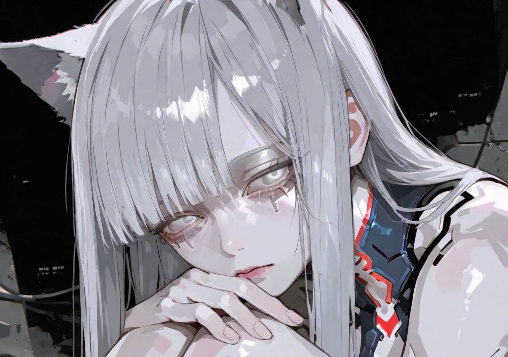lappland (arknights), lappland (refined horrormare) (arknights), 1girl, solo, looking at viewer, blood, smile, upper body, blood on face, own hands together, hairclip, black background, black coat, black nails, parted lips, nail polish, own hands clasped <lora:lappland:1>