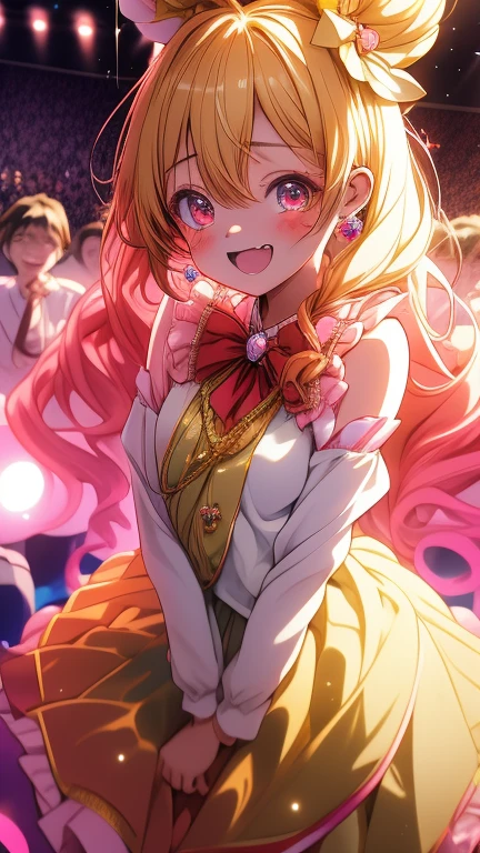 (2 anime idol girls), after concert, on stage,
one girl standing with tearful smile of joy,
another girl hugging  warmly,
emotional support, friendship embrace,
stage lights creating dramatic atmosphere,
cheering crowd in background,
colorful frilly idol costumes with ribbons,
masterpiece, best quality, ultra detailed,
anime style, full body shot, concert stage setting,
sparkles and stage effects, victory celebration