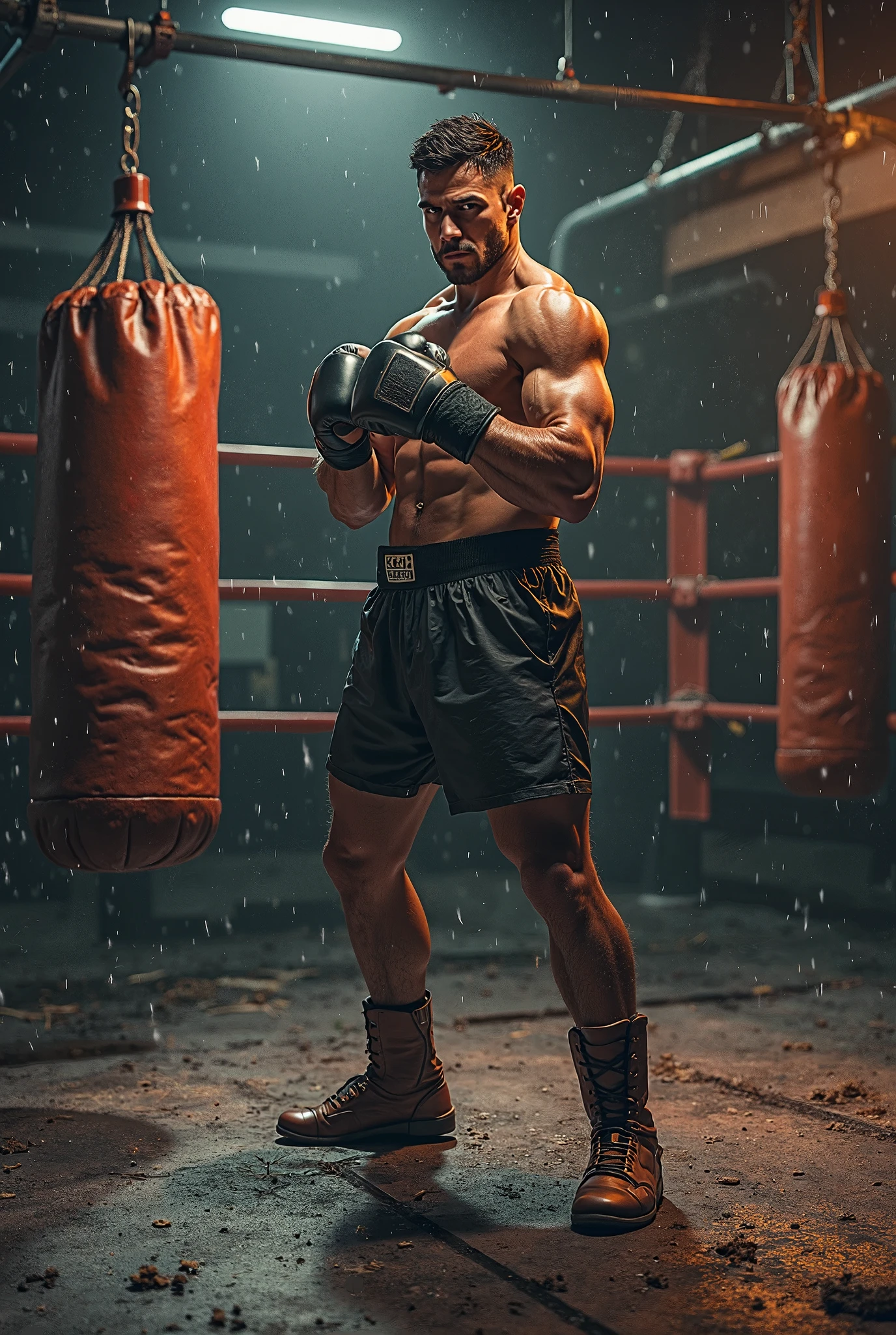 Capture a black and white photograph that evokes the authenticity of the 1950s. In the foreground, a muscular boxer adopts a combat-ready pose with palpable intensity. He wears short cotton trunks with side stripes, large padded gloves, and leather lace-up boots. His expression reflects determination and focus, with his well-defined physique highlighted by harsh lighting that accentuates every detail of his attire.The background features a worn, stained wall covered with old posters of clandestine boxing matches, adding a layer of history and grit to the setting. The lighting emphasizes the contrast between the boxer and the dilapidated environment, creating an atmosphere that blends the tension of the fight with the decay of the location. Use a DSLR or mirrorless camera with a 50mm f/1.8 lens, set the aperture to f/2.8, the shutter speed to 1/500s, and the ISO to 400 to accurately capture the details and ambiance of the scene.