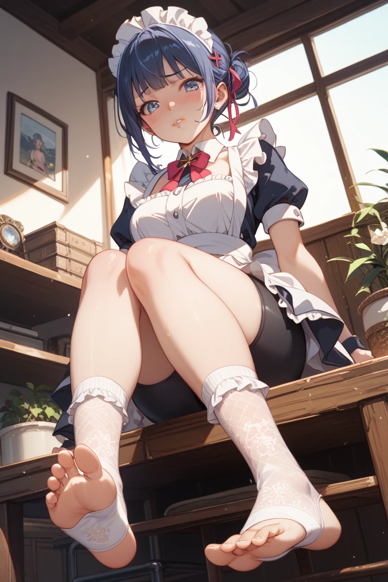 (masterpiece, highest quality, highest quality, Official Art, beautifully、aesthetic:1.2), (One girl),Upper Body, Very detailed,(Fractal Art:1.3),colorful,Most detailed, ichikanakano, ichika nakano, short hair, bangs, blue eyes, Hair between the eyes, Light blue hair, Ripping a skirt, shirt, , white shirt, Short sleeve, Pleated skirt, shoes, collared shirt, 裸feet, detailed feet, Toes, feet, sweater, Green Skirt, loafers, Waist clothes, BREAK Watch Viewers, Take a break indoors, classroom, pov from feet, (masterpiece:1.2), highest quality, High resolution, unity 8k wallpaper, (figure:0.8), (Beautiful fine details:1.6), Very detailed顔, Perfect lighting, Very detailedCG, (Perfect hands, Perfect Anatomy),
