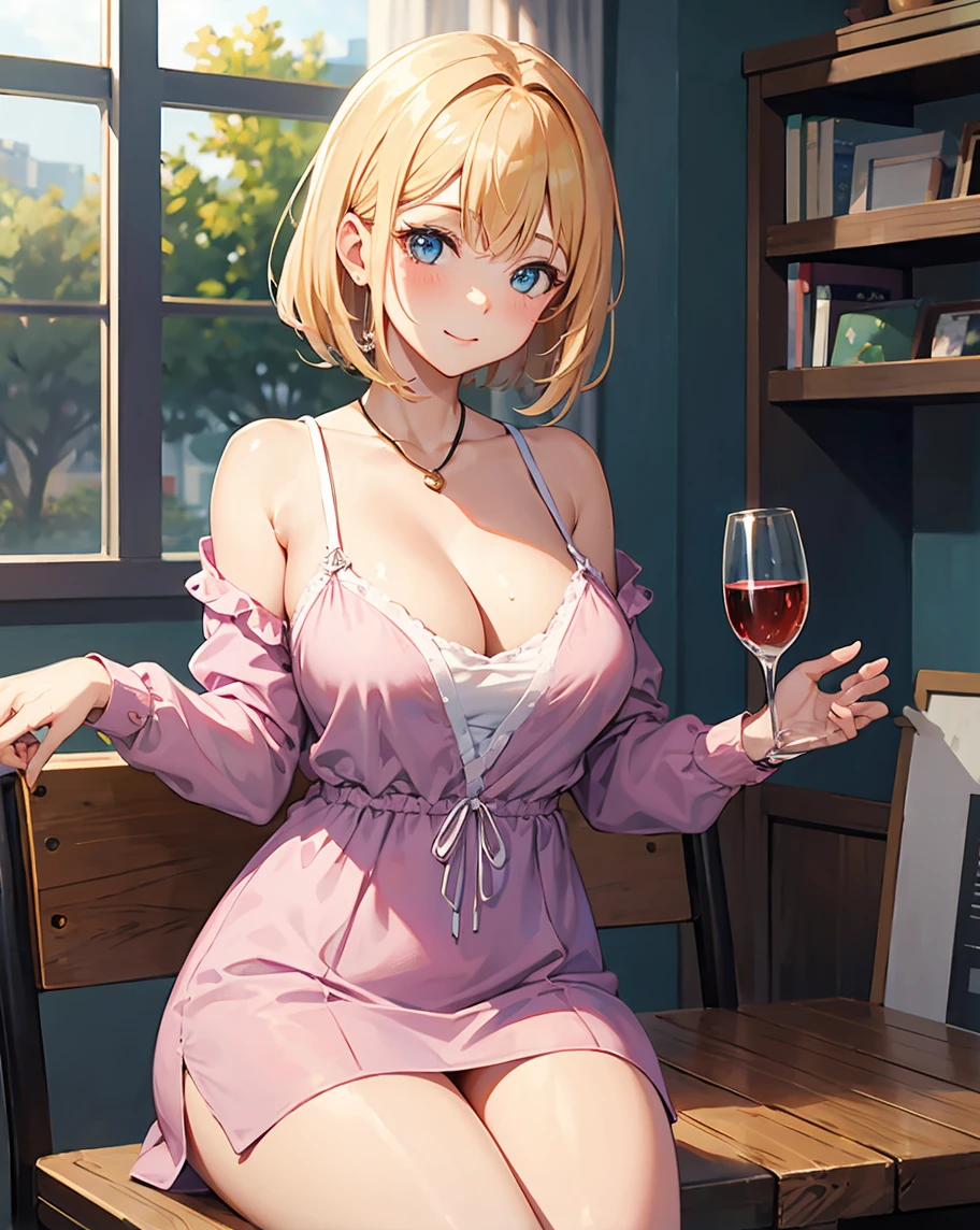 high quality,8K,high resolution,woman,1 personality,realistic texture,(fat1.3),(smile),(18-year-old),(Height 1.4),(fat1.3),(cleavage),(restaurant),(Plump),(thin waist 1.7),(),(若いwoman),(long dress 1.6),(blonde 1.6),(sitting in a chair),(From above),