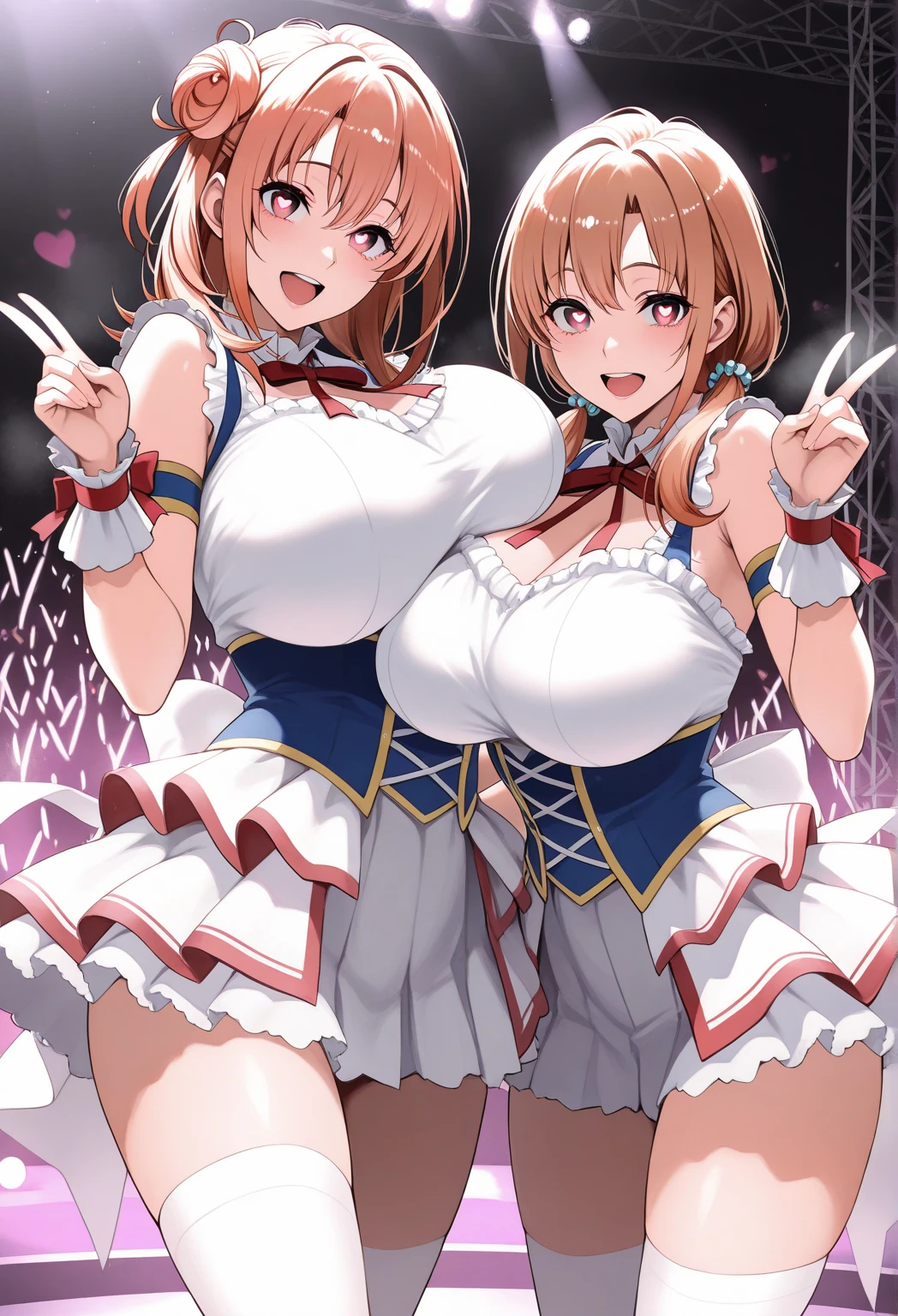 masterpiece, Highest quality, Beautiful face and eyes in every detail, Two Girls, Cute idol, Cool Idol, Event Stage, Cool idol costumes, sing, Laughter,Large Breasts(Huge breasts:1.8)(shirtlift:1.8),(nipple:1.3),