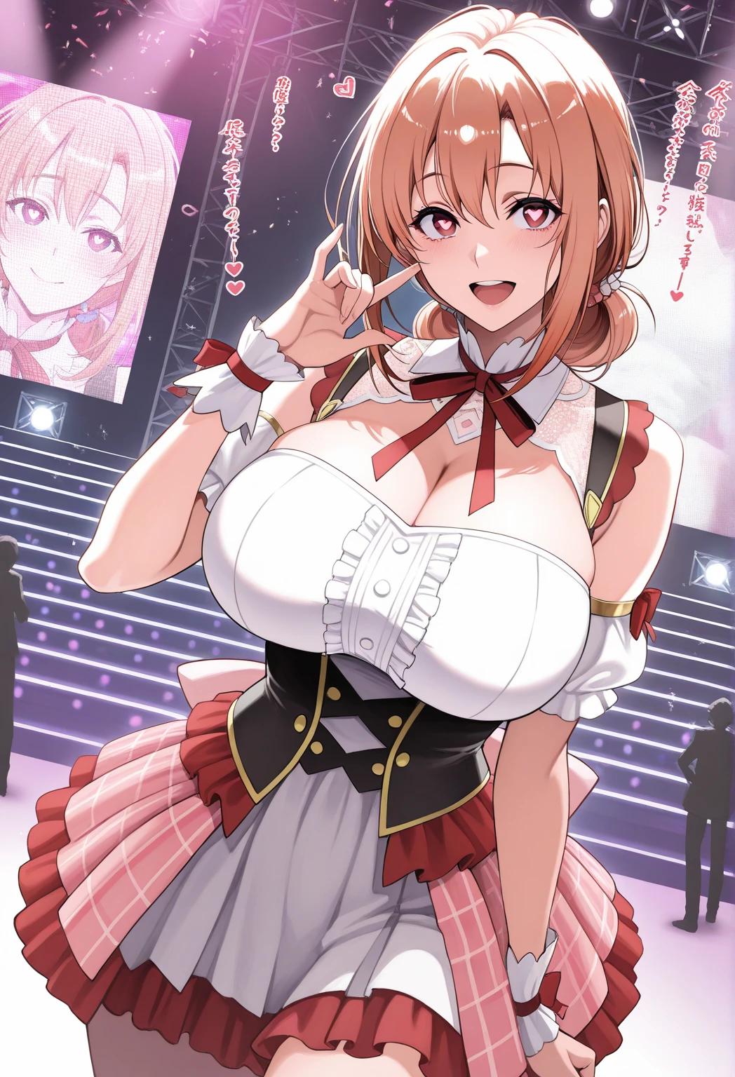 nabeshimachiyori, brown hair, hair bun, bangs, short hair, red eyes,, large breasts, live stage, solo, nipple