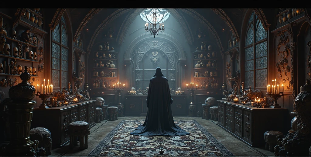 Create an image of a man standing near a large window, his eyes fixed on the crows perched around it. The man exudes a sense of calm, with long black hair tied neatly and a flowing white outfit that contrasts sharply with the somber atmosphere. His face is etched with lines of age, yet his gaze remains sharp and full of wisdom. In one hand, he holds a skull, its hollow eyes reflecting the light from the window.
The room around him is dimly lit, with the window providing the main source of light, casting a soft glow on his features and illuminating the skull's contours. Outside, the sky is overcast, adding to the somber and reflective atmosphere. The crows, dark and ominous, sit silently, their presence enhancing the mystical and contemplative mood of the scene.
This image captures a moment of quiet introspection and connection with both the natural and supernatural worlds, highlighting the man's serene yet powerful presence in a dark medieval fantasy setting.