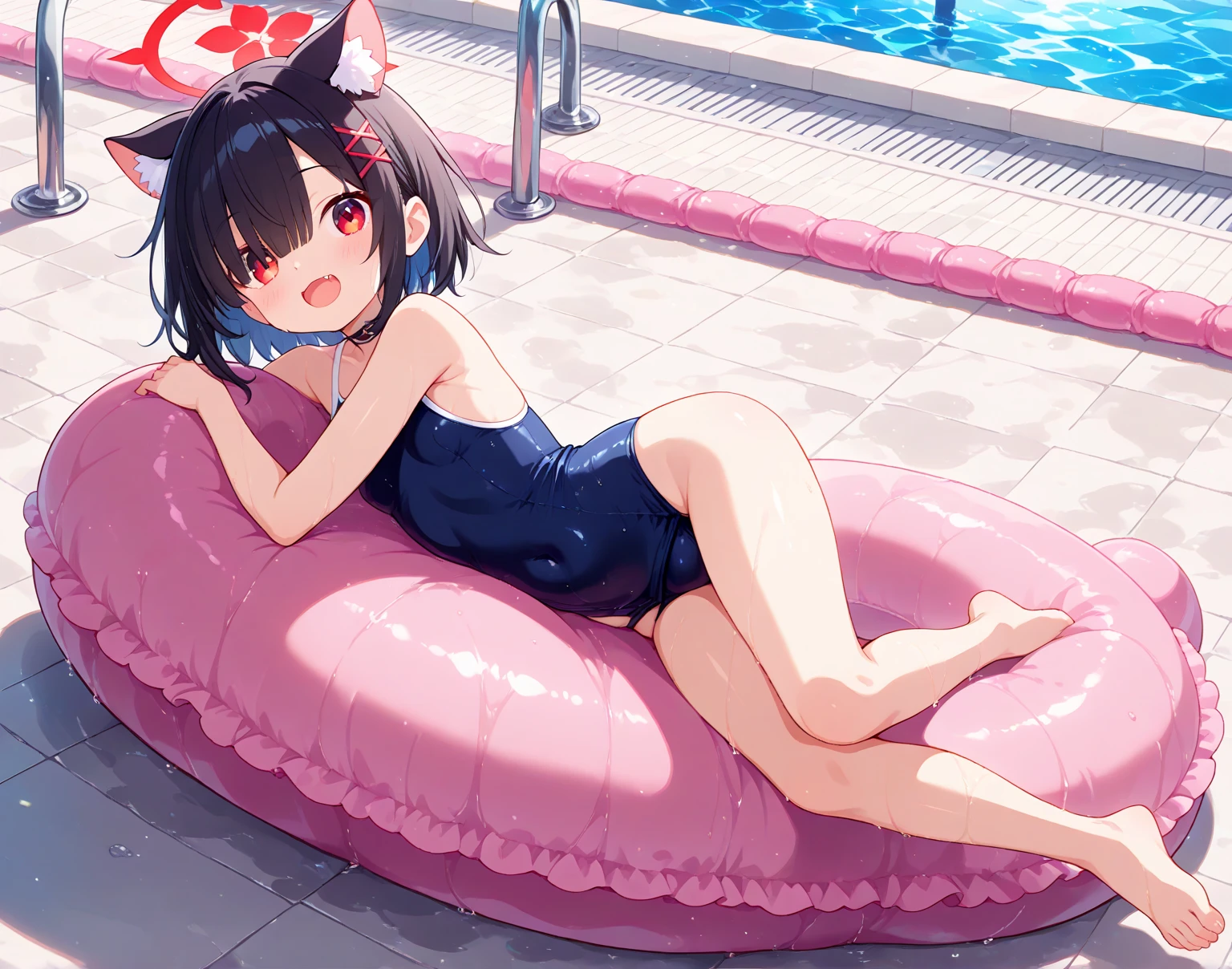 Small breasts、Red Bikini、Sweaty、crawl on all fours、crawl on all fours、swimsuit、、Black Hair、Red ribbon、Red eyes、、Blushing、Small breasts、Small breasts、Red Bikini、lipstick、Perfect hands、Detailed hands、Poolサイド、Pool、one-piece swimsuit, strap slip、backwards、、backwards