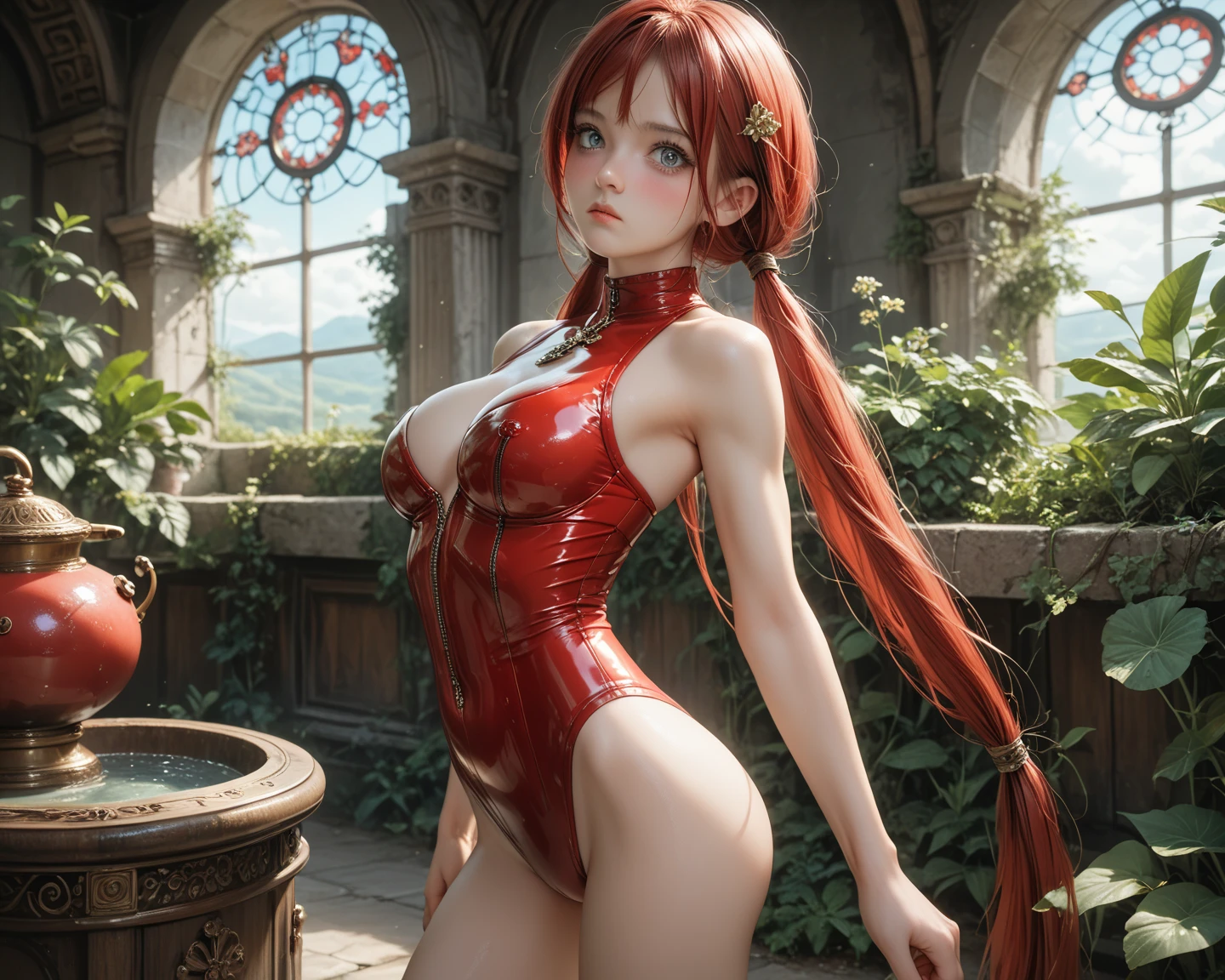 photo-realistic, surreal, cinematic lighting, 32K, 1 girl , japanese , look up, Backlight, (bright light:1.2), (Improvement of quality:1.4), (Highest quality realistic textured skin:1.4), detailed eyes, blue eyes , detailed face, shy smile, full-face blush , (red hair:1.3) , Wolf Cut hair , (solo braided ponytail) , ((bangs)) , bumpy bangs , (curvy:1.3) , large breasticrokini:1.3) , cameltoe , (Enhances the beauty of skin texture:1.1), matte texture ,