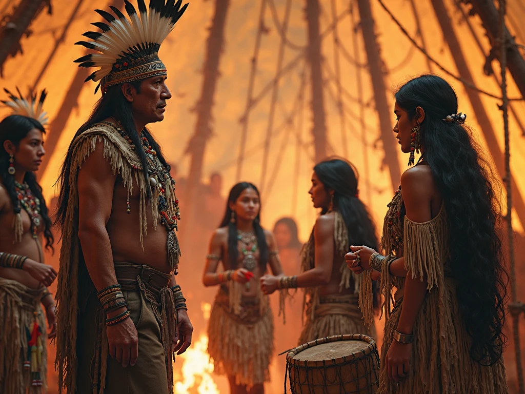 Make a woman wearing white, de olhos fechados. with an indigenous man and a man in a suit and hat behind her, passing on a protective air to her. The image needs to be mystical