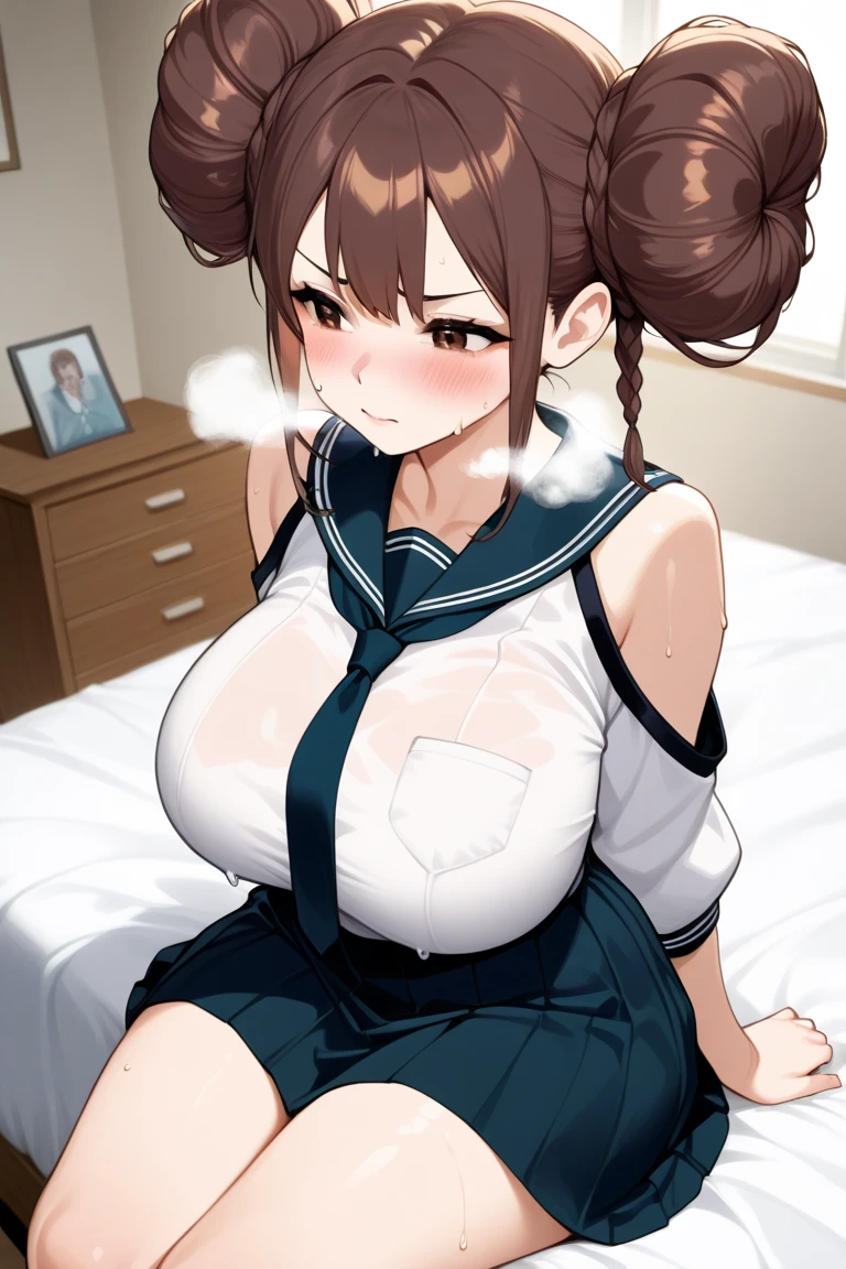 A girl wearing a white diaper, Big booty, Curvaceous loot, Brown Hair,Light brown eyes,Muscular!!,Blushed,Troubled expression,steam,Sweat,Steam coming from the body,She wears a white plastic diaper!!,Big Ass!!,pigtails,BIG Boned,