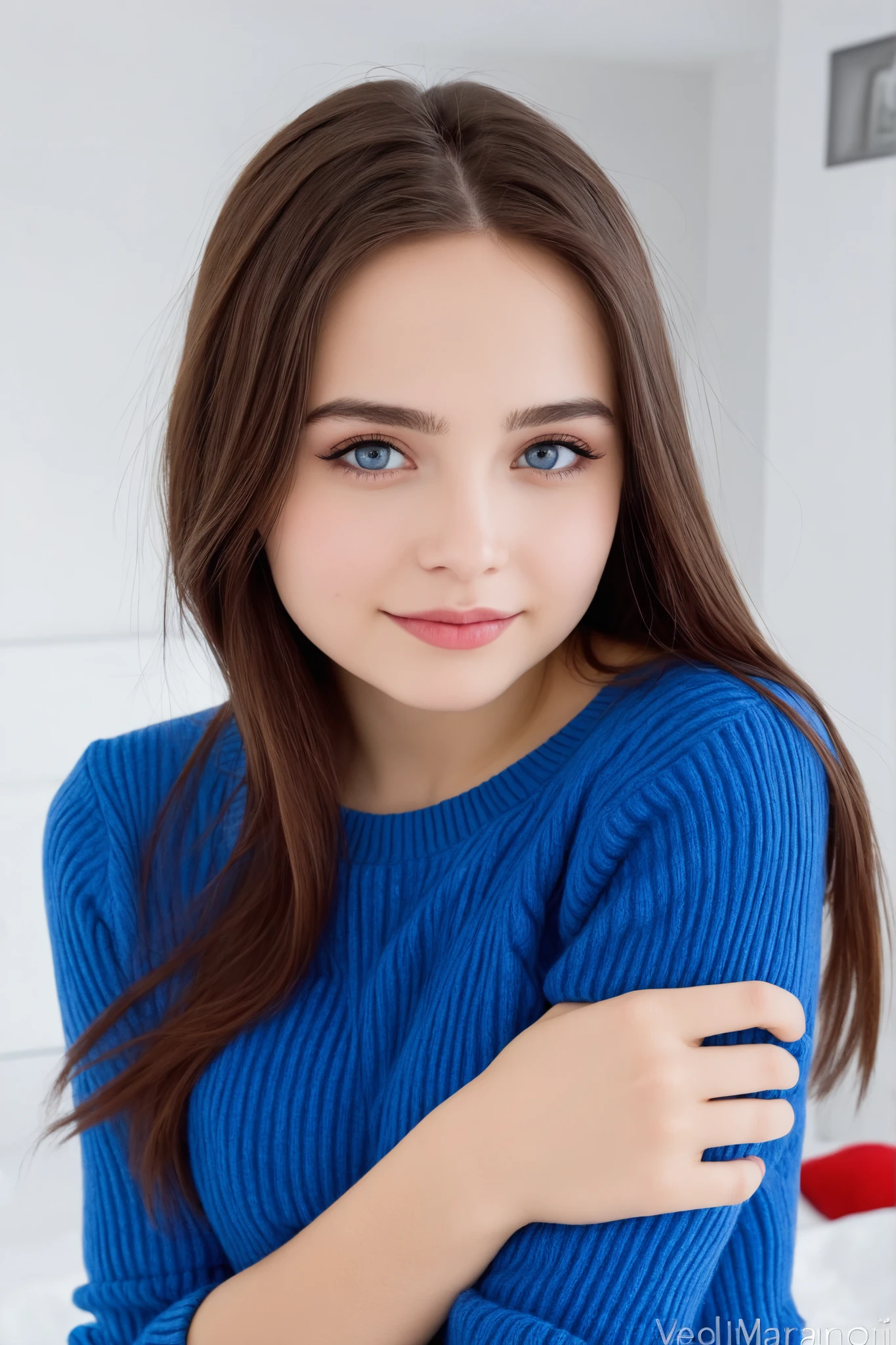 1 fille, solo, Longhaire, , ssmile, Regardant le spectateur, brown-hair, fond simple, front teeth, Best Quality, very long hair, blue eye,