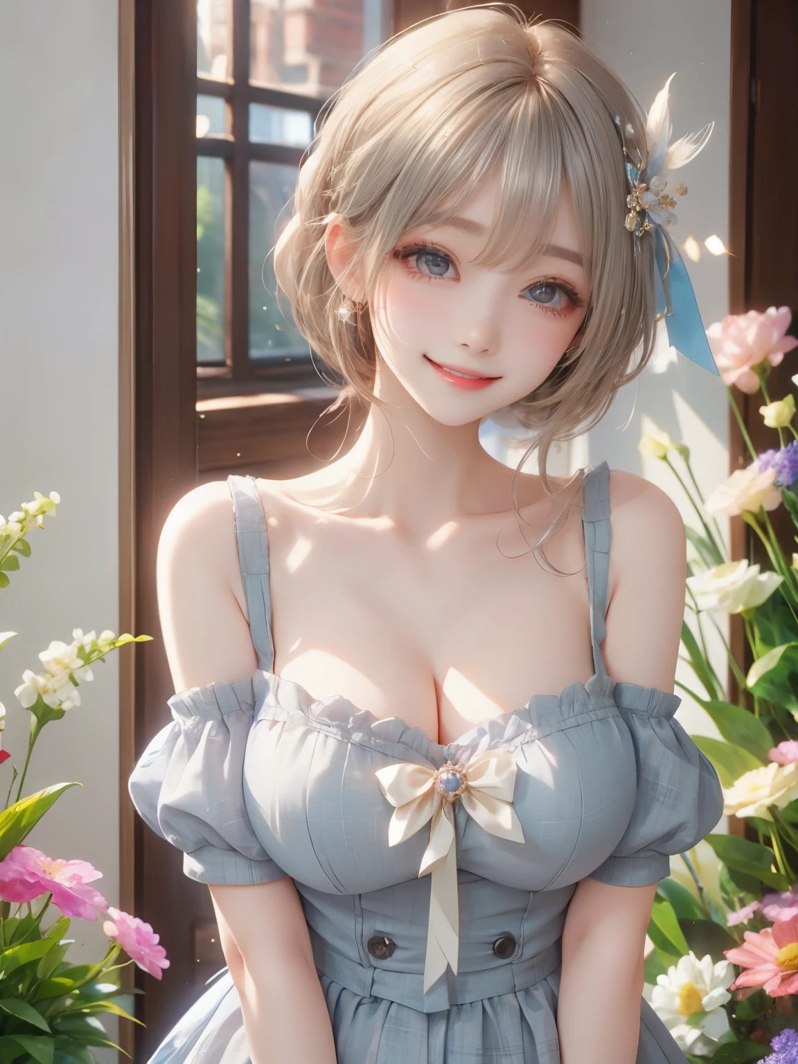 (masterpiece:1.3), (8K、Realistic, RAW Photos, Highest quality:1.4), (1 Girl), (alone), (A beautiful 15-year-old silver-haired Scandinavian girl), (とても美しくCharmな女性, Beautiful blonde hair、Strong blue eyes, Strong eye highlights), (cute, a bit:1.5), (Very beautiful face:1.5), (A beautiful face with perfect symmetry:1.2), (cute face:1.5), (nice smile:1.2), (Perfect Anatomy), (Skin with attention to detail: 1.2), (Natural beautiful big soft breasts), (Exposed large cleavage)(Beautiful thighs), (Gentle blue eyes), (Very sexy look),(Beautiful blonde bob cut), Crossed bangs, Asymmetrical bangs, Lip gloss, (Accurate Arm, Five Fingers, Accurate legs), (White silky underwear with attention to detail, mini skirt:1.2), (The dress has white lace., Decorated with silver embroidery), (Silver embellished headband, necklace), (Stylish high heels), Charm, Ultra-high resolution, Ultra-realistic, Very detailed, Golden Ratio, Photorealistic, View the viewer, Summer beach resort, Beautiful sea and flower background, ((Beautiful smile))