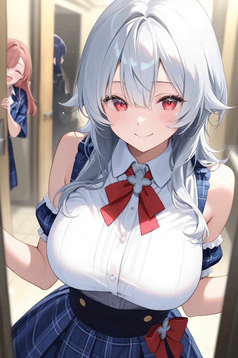 (8K, Highest Quality, Masterpiece:1.3)), Ultra HD, (2 Girls, Duo), (Color Changing Eyes, Super Detailed, Expressive Sparkle, Sparkling Eyes), Very Detailed Eyes, Very Detailed Face, Random Hair, (Silver Grey Color), Exposed, On All Fours, Waitress (Pink Uniform), Angle from Below, (Cute Panties:1.3), (Ecstatic Expression:1.4), White Skin, Seductive, Cleavage, Wet Panties, Restaurant Kitchen
