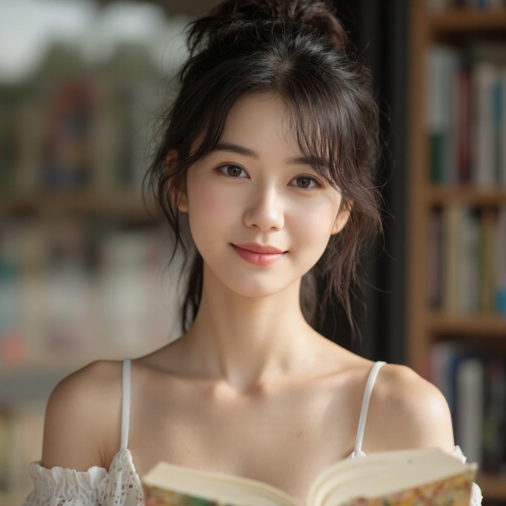 Produce the highest quality and highest resolution 8K images。Please draw the upper body of a 20 year old Japanese woman.。Please draw an image of someone reading a book in a stylish coffee shop.。She has brown eyes and a model-like figure、She has an idol-level cute face.。Her hair is in a bun.。The skin is、A healthy skin tone。she、I'm smiling at the camera。