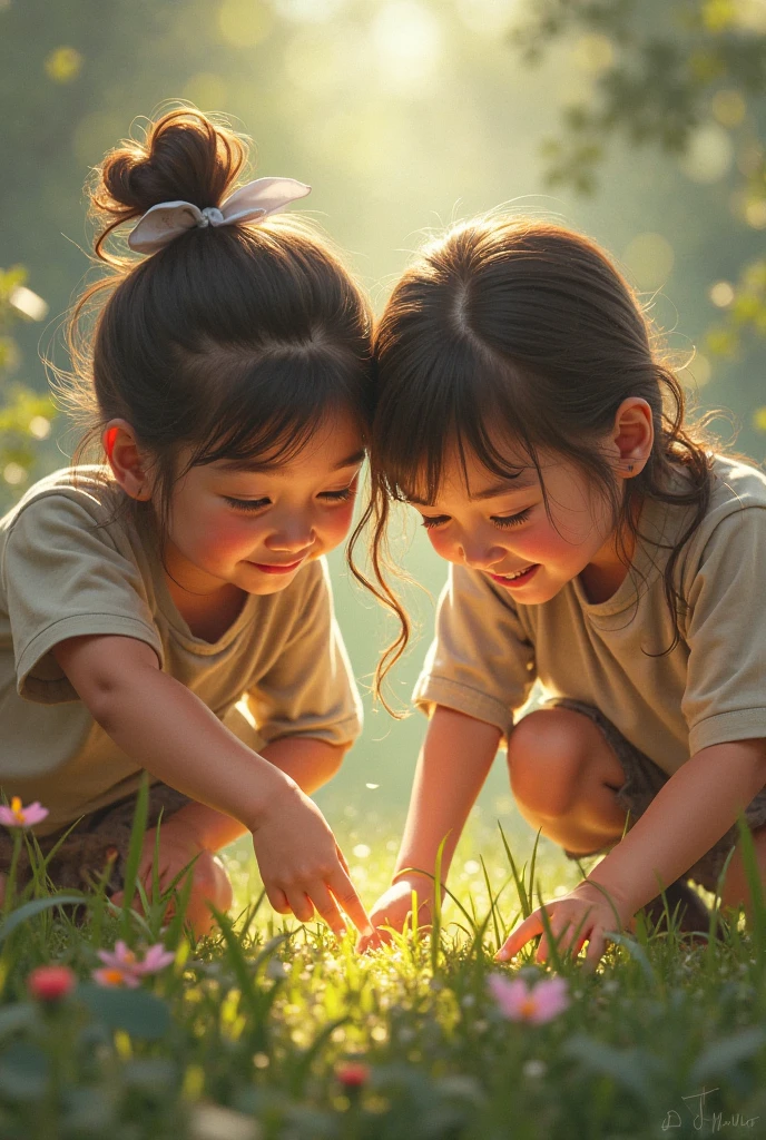(photorealism:1.2), 8 year old boy and girl , Brown hair, brown eyes, They are health detectives, both with brown jacket, each with a magnifying glass in hand, looking for clues to decipher secrets